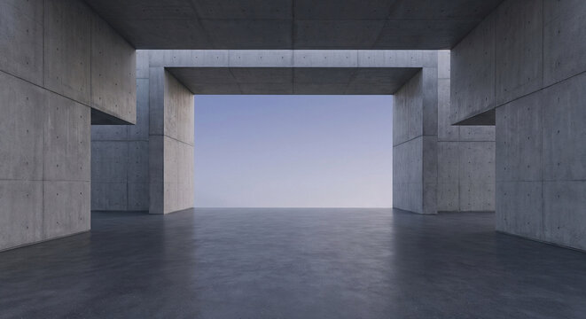 Monumental brutalist concrete pavilion framing a clear twilight sky