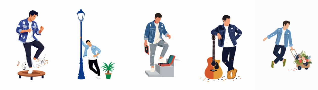 Vector illustration set of a young man in denim jackets posing with a guitar, dancing, leaning on a lamppost, playing records, and pulling flowers
