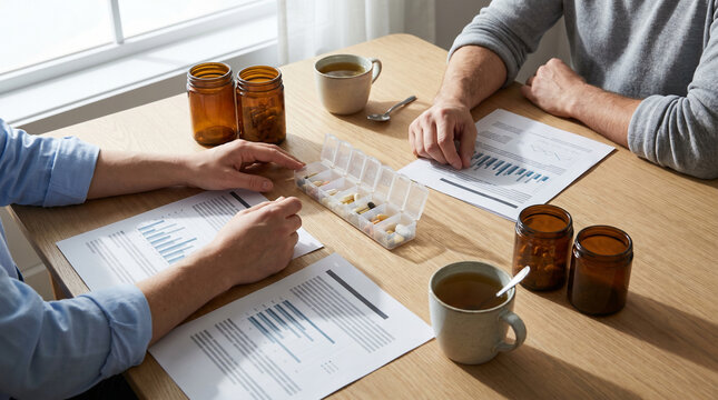 Clinic consultation table with personalized supplement organizer and jars