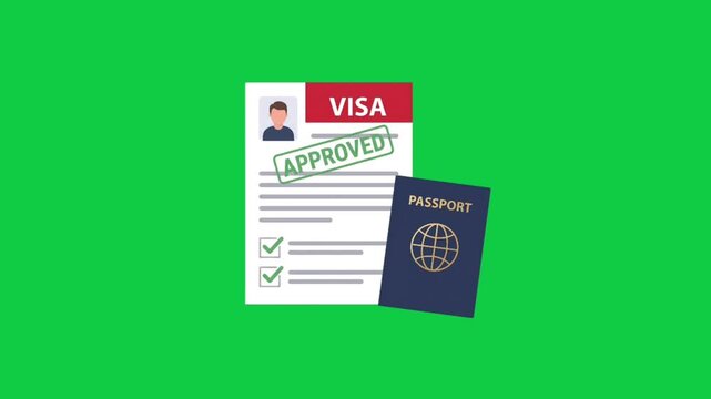 Animated Visa Approved Passport and Travel Document Icon on Green Screen Background, Seamless Motion Graphic, Ideal for Immigration, Travel Agencies, Tourism, and Educational Videos
