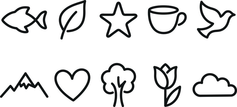 Set of ten hand-drawn icon line sketches representing nature and everyday