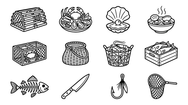 Seafood and Fishing Icons: Lobster Trap, Crab, Oysters, Fish, Net, Hook, Knife