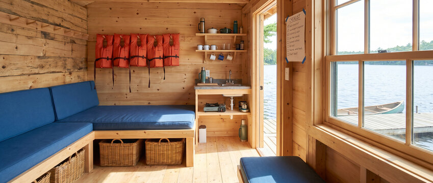Practical tiny boathouse interior set up for family weekend use