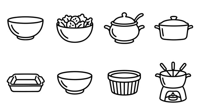 Kitchenware Icons: Bowls, Pots, Casserole Dish, Fondue Pot - Outline Vector Set