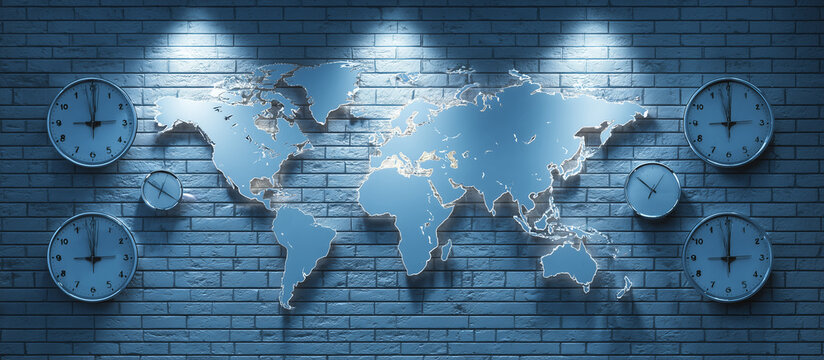 world maps and clocks on blue brick wall