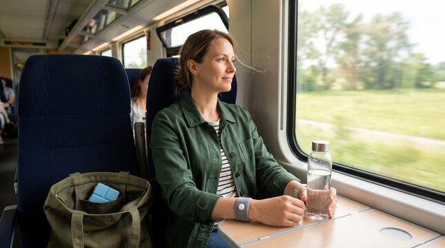 Train traveler using wristband water and upright posture for motion relief