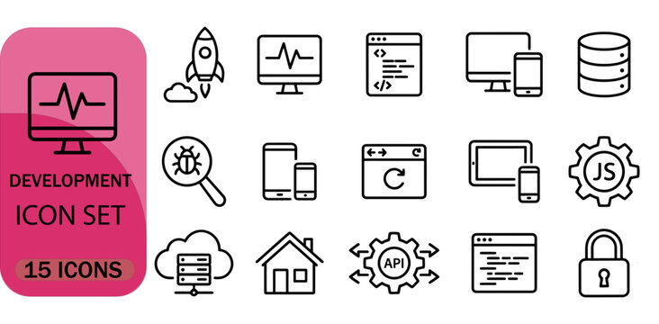 Modern Web Development Icon Set, 15 Software Engineering Line Icons, Minimalist Programming and Coding Vector Graphics for UI Design