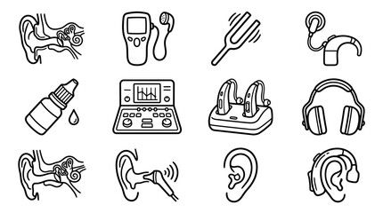 Hearing Aid Icons: Audiology, Ear Anatomy, Hearing Loss Devices, and Testing Equipment © keenan
