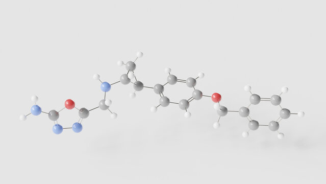 vafidemstat molecule 3d, molecular structure, ball and stick model, structural chemical formula lsd1 inhibitor