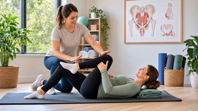 Postpartum physical therapy stretch with supportive therapist