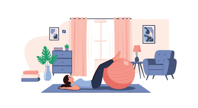 Young woman practicing fitness and core exercises with a large pink yoga ball on a mat in her cozy, modern living room at home.