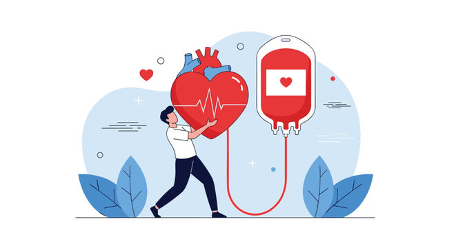 Dedicated male worker holding a giant red heart connected to a donation blood bag for life-saving medical help and charity.