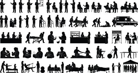 Obraz premium Healthcare Medical Staff and Patient Silhouette Vector Collection for Hospital and Clinical Services