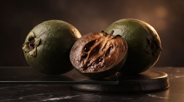 Dark mood photography of black sapote fruits one cut in half on a pedestal