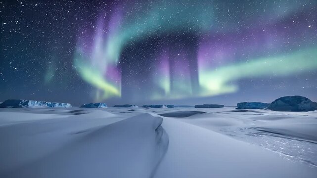 Starry night sky ablaze with aurora over icy landscape and ice formations