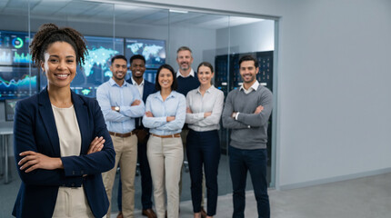 Obraz premium Diverse cybersecurity professionals standing together inside modern security operations center led by confident smiling female cybersecurity manager, enterprise IT security team portrait collaboration