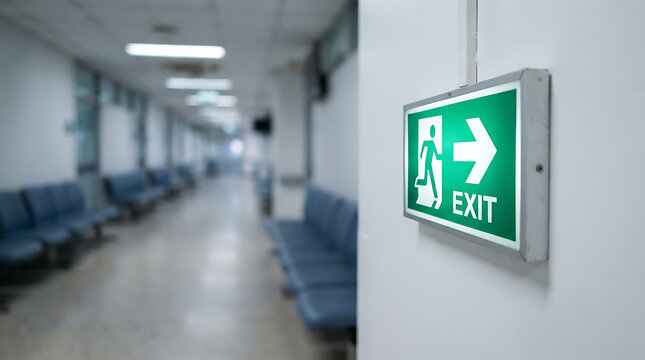 Green exit sign on a white wall in a hospital corridor