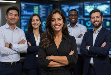 Obraz premium Diverse cybersecurity professionals standing together inside modern security operations center led by confident smiling female cybersecurity manager, enterprise IT security team portrait collaboration