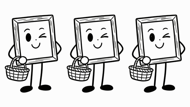 Three smiling picture frames holding baskets of fruit.