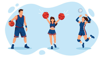 Fototapeta premium Illustration of three individuals engaged in different sports: basketball, cheerleading, and volleyball on a light blue background.