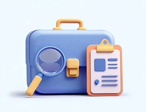 Blue 3D briefcase with a magnifying glass and clipboard, on a soft blue background