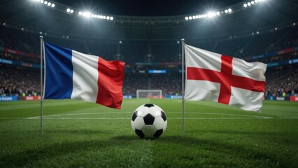 Obraz premium Flags of France and England stand proudly on pitch, symbolizing rivalry and unity in sports