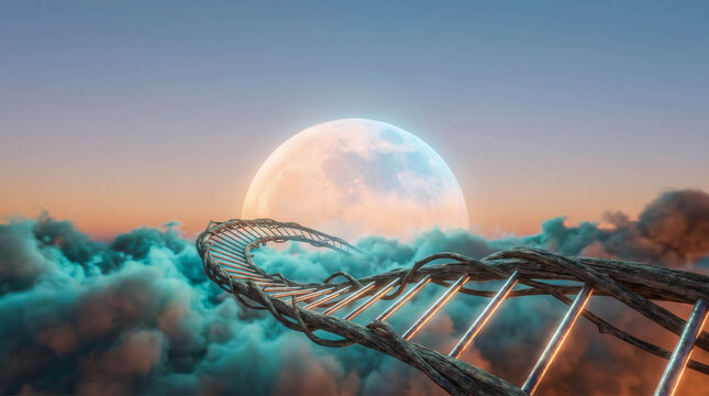 Fantasy staircase winding above soft clouds toward a glowing moon in a dreamy sky, symbolizing aspiration, imagination, spiritual growth, limitless possibilities, and the journey beyond reality.
