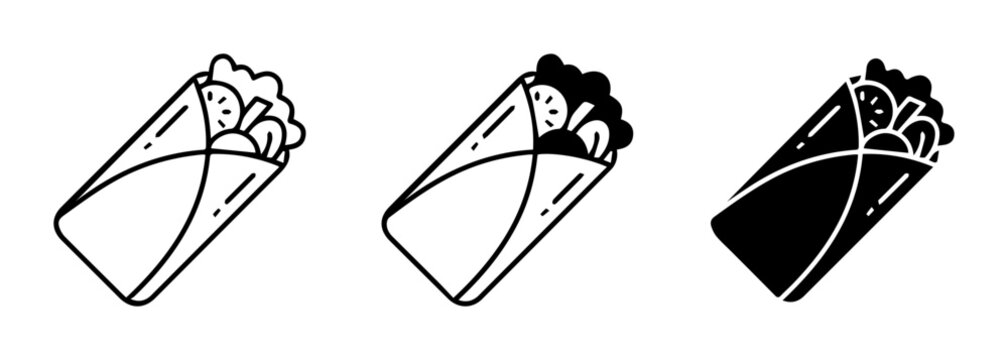 Shawarma Wraps, Doner Kebab Icons, Middle Eastern Food Vector Set, Simple Line Art and Silhouette