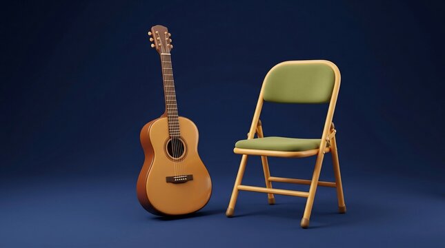Acoustic guitar and folding chair on blue background
