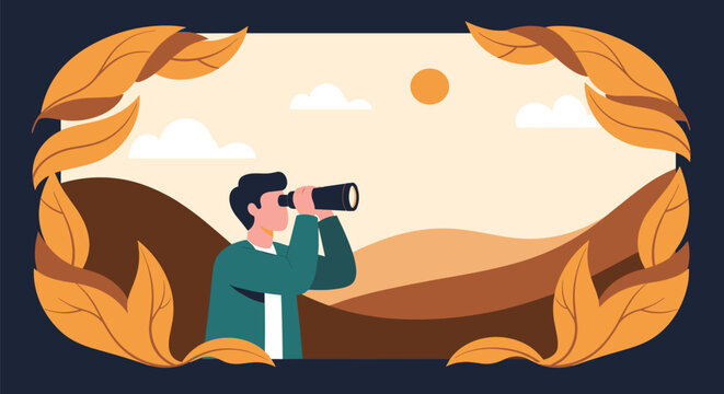 Young man using binoculars to observe nature and wildlife in mountainous landscape framed by beautiful autumn leaves.