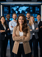 Obraz premium Diverse cybersecurity professionals standing together inside modern security operations center led by confident smiling female cybersecurity manager, enterprise IT security team portrait collaboration