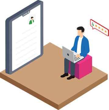 Isometric freelancer working on laptop with online user profile