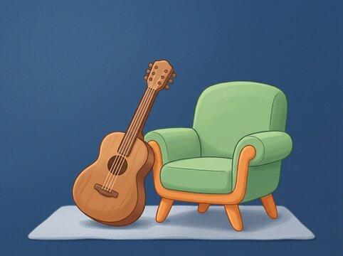 acoustic guitar leaning against a green armchair