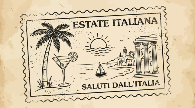Vintage retro summer postage stamp illustration featuring hand-drawn Italian coastal doodle elements and weathered grunge paper texture for a nostalgic Mediterranean travel postcard design.