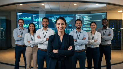 Obraz premium Diverse cybersecurity professionals standing together inside modern security operations center led by confident smiling female cybersecurity manager, enterprise IT security team portrait collaboration