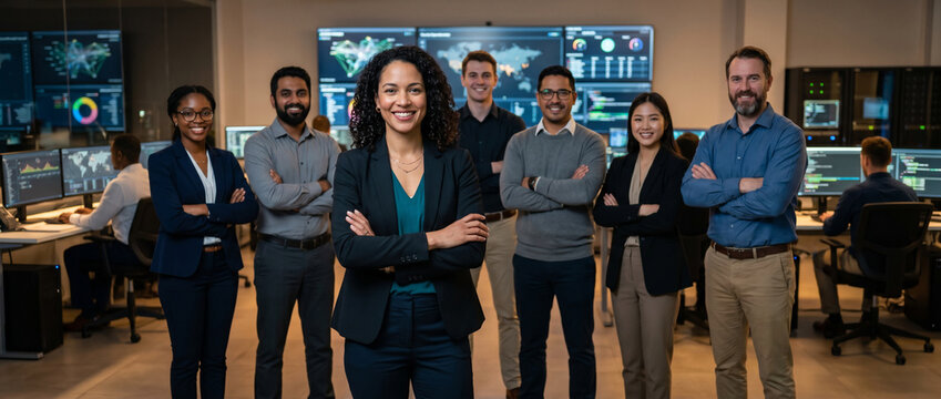 Diverse cybersecurity professionals standing together inside modern security operations center led by confident smiling female cybersecurity manager, enterprise IT security team portrait collaboration