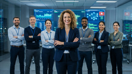 Obraz premium Diverse cybersecurity professionals standing together inside modern security operations center led by confident smiling female cybersecurity manager, enterprise IT security team portrait collaboration
