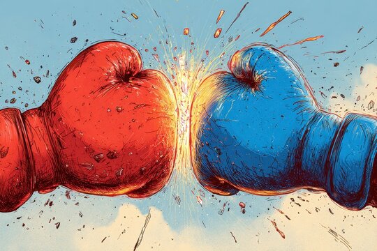 Playful illustration of two boxing gloves clashing in midair