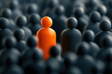 Obraz premium Vibrant orange miniature figure rising above dark silhouettes with sharp macro focus and soft bokeh for human resources and leadership branding