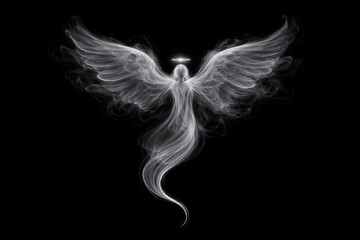 Fototapeta premium Ethereal angel silhouette with wings and halo on a black background.