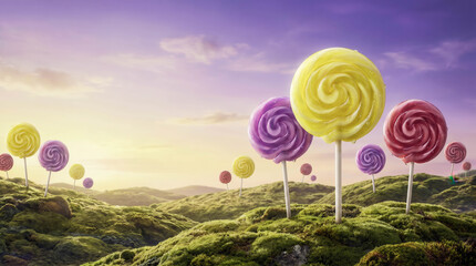 Fototapeta premium Whimsical candy world featuring oversized colorful lollipops rising from rolling green hills beneath a dreamy pastel sky. Playful fantasy landscape evoking imagination, sweetness, childhood wonder,