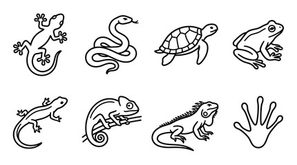 Collection of Hand-Drawn Reptile and Amphibian Icons: Lizard, Snake, Turtle, Frog, Chameleon, Iguana, Paw Print © keenan