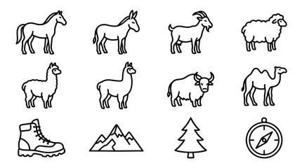 Fototapeta premium Farm Animals and Outdoor Icons: Horse, Donkey, Goat, Sheep, Llama, Yak, Camel, Boot, Mountain, Tree, Compass