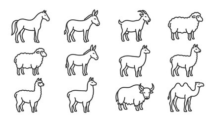 Fototapeta premium Farm Animals Collection Icons: Horse, Donkey, Goat, Sheep, Llama, Yak, Camel