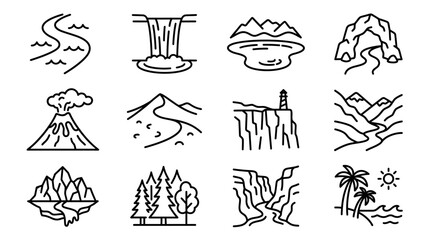 Nature Landscape Icons: River, Waterfall, Volcano, Mountains, Coastline, Forest, Island, Beach © keenan