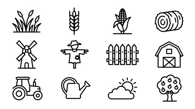 Farm Icons Set: Agriculture, Harvest, Rural Life - Vector Graphics
