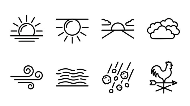 Weather Icons Set: Sun, Clouds, Wind, Rain, Hail, Rooster