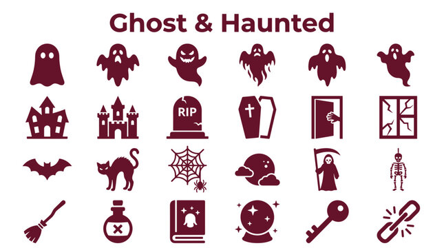 Halloween Icons Collection Spooky Ghost Haunted Castle Bat Witch Broom and Grim Reaper for Holiday Design and Celebration