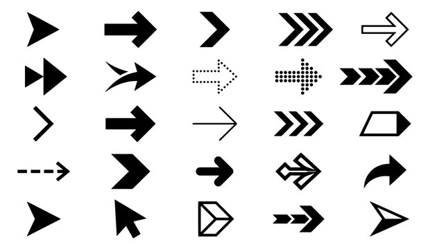 Collection of assorted black arrow symbols for directional signage with direction navigation pointers collection isolated