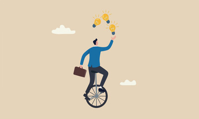 Creativity a Big industrial solid pale beige or cream color, with two smal innovation or skill to success in business, skillful businessman riding unicycle juggling lightbulb lamp metaphor of plenty © Parul